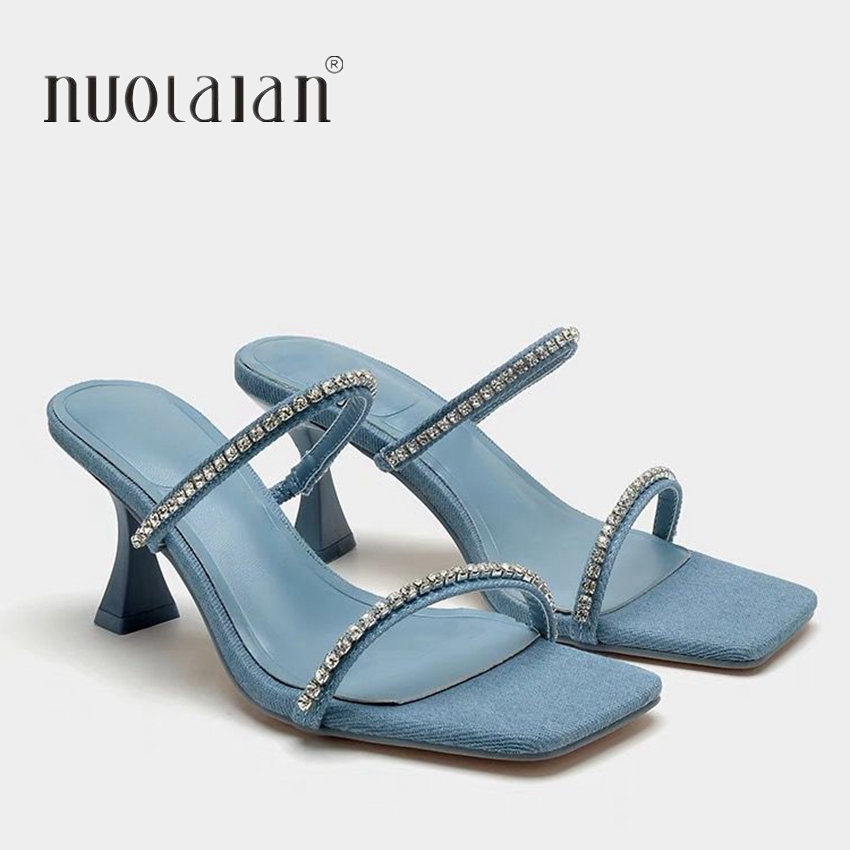 Women Shoes Jeans - Sandalias de tacón vaquero con diamantes