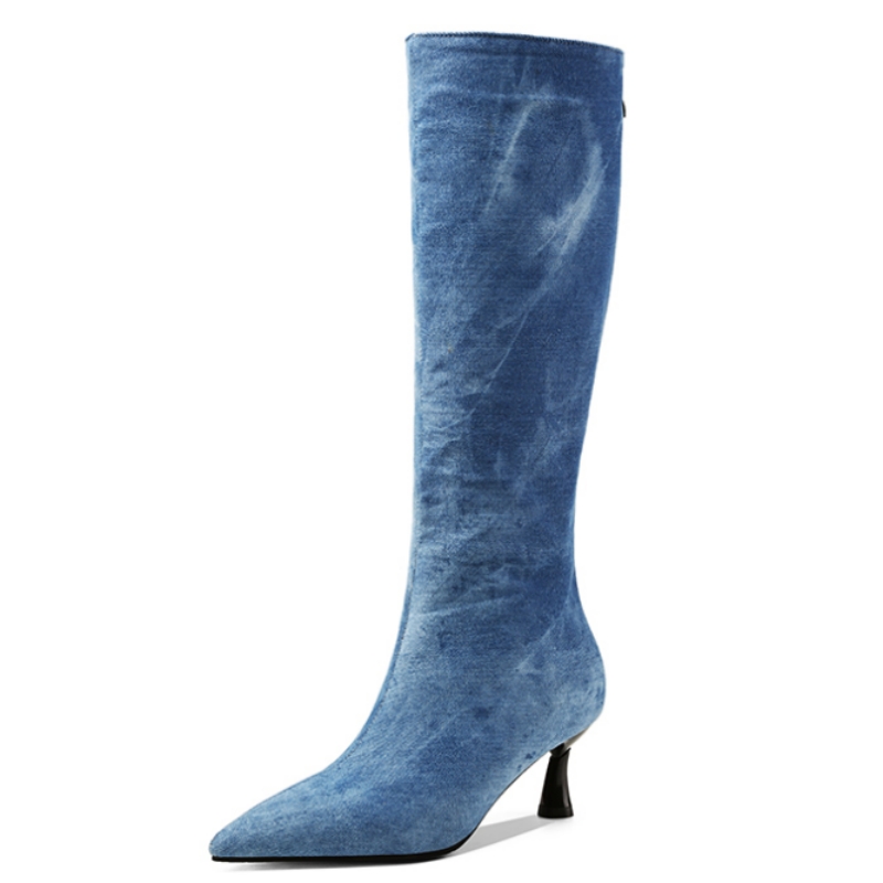Women Shoes Jeans - Botas vaqueras azules hasta la rodilla,