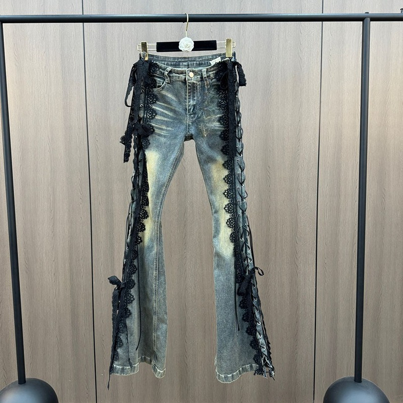 Women Shoes Jeans - Vaqueros acampanados con cordones, bigote de