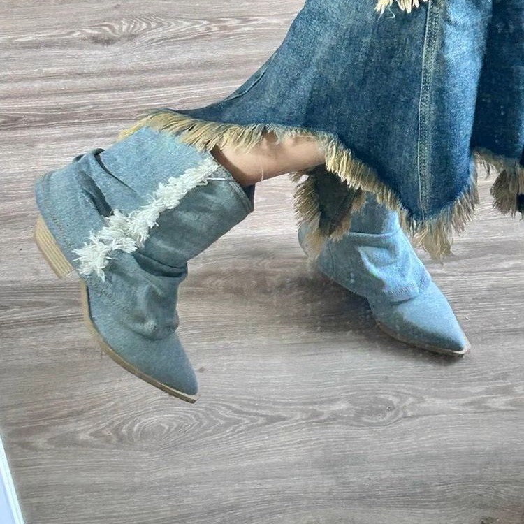Women Shoes Jeans - Botas vaqueras plisadas para mujer, botines