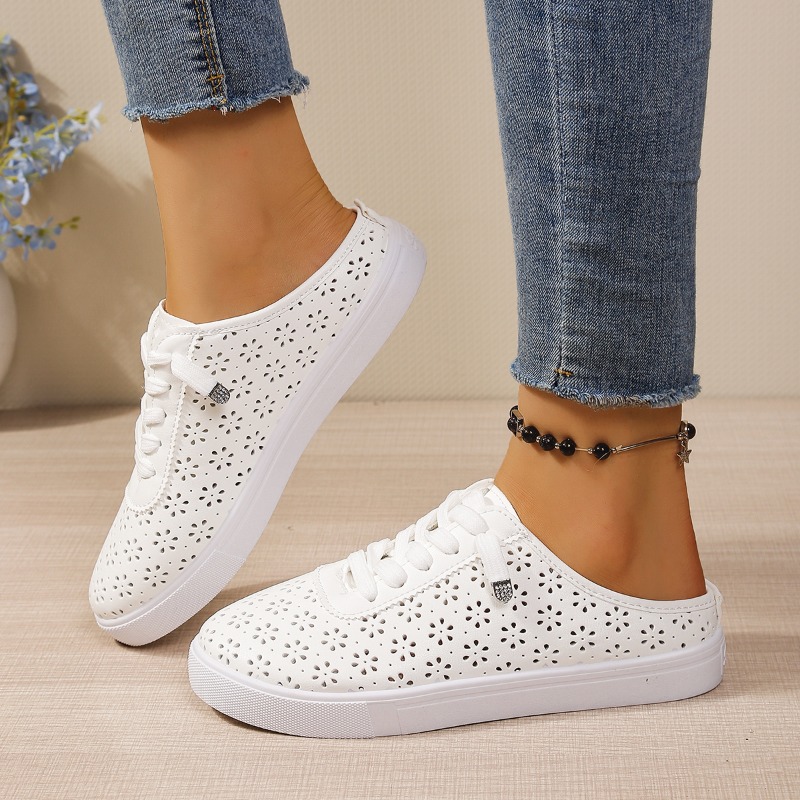 Slip On Mule Flat - Zapatillas Mule con Recortes Florales, Cordones